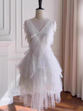 Pretty A line V Neck Lace White Short Formal Homecoming Dresses Middle School Short 21st Birthday Outfits Graduation Dress Mini Cocktail Dresses HZ1121