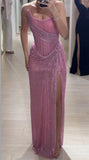 Elegant Sheath Strapless Pink Sequin Slit Long Prom Dresses Party Dress 22th Birthday Outfits Graduation Dresses HZ1121