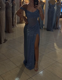 Sparkly Mermaid Off The Shoulder Blue Sequin Long Slit Evening Party Gowns Evening Dress Special Formal Dresses Prom Dress HZ1121