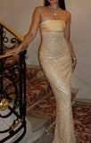 Elegant Mermaid Strapless Sequin Yellow Long Prom Dresses Party Dress 18th Birthday Outfits Graduation Dresses HZ1121