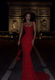 Elegant Mermaid Spaghetti Straps Sequin Red Long Prom Dresses Party Dress 18th Birthday Outfits Graduation Dresses HZ1121