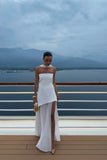 Classy Mermaid Strapless White Chiffon Formal Long Prom Gown Summer Wedding Guest Dress Bridal Guest Dresses Wedding Outfits For Guest HZ1121
