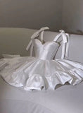 Pretty A line White Satin Formal Homecoming Dresses Short 21st Birthday Outfits Graduation Dress Mini Cocktail Dresses HZ1121
