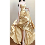 Vintage A line Spaghetti Straps Gold Satin Long Summer 18th Birthday Dress Party Dress Birthday Outfits Evening Dresses HZ1121