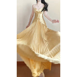 Vintage A line Spaghetti Straps Gold Satin Long Summer 18th Birthday Dress Party Dress Birthday Outfits Evening Dresses HZ1121