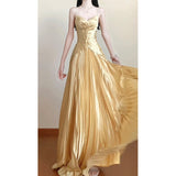 Vintage A line Spaghetti Straps Gold Satin Long Summer 18th Birthday Dress Party Dress Birthday Outfits Evening Dresses HZ1121