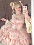 Vintage Ball Gown Square Neck Pink Lace Summer 18th Birthday Dress Lolita Dress Mini 18th Birthday Outfits Short Lolita Outfit HZ1121