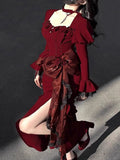 Vintage Mermaid Square Neck Burgundy Satin Long Summer 18th Birthday Dress Lolita Dress 18th Birthday Outfits Lolita Outfit HZ1121