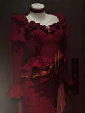Vintage Mermaid Square Neck Burgundy Satin Long Summer 18th Birthday Dress Lolita Dress 18th Birthday Outfits Lolita Outfit HZ1121