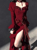 Vintage Mermaid Square Neck Burgundy Satin Long Summer 18th Birthday Dress Lolita Dress 18th Birthday Outfits Lolita Outfit HZ1121