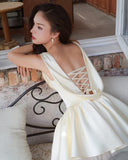 Pretty A line Square Neck Champagne Satin Formal Homecoming Dresses Short 16th Birthday Outfits Graduation Dress Mini Cocktail Dresses HZ1121