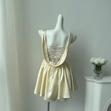 Pretty A line Square Neck Champagne Satin Formal Homecoming Dresses Short 16th Birthday Outfits Graduation Dress Mini Cocktail Dresses HZ1121