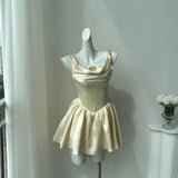 Pretty A line Square Neck Champagne Satin Formal Homecoming Dresses Short 16th Birthday Outfits Graduation Dress Mini Cocktail Dresses HZ1121