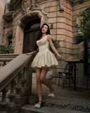 Pretty A line Square Neck Champagne Satin Formal Homecoming Dresses Short 16th Birthday Outfits Graduation Dress Mini Cocktail Dresses HZ1121