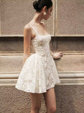 Pretty A line Square Neck White Lace Formal Homecoming Dresses Short 16th Birthday Outfits Graduation Dress Mini Cocktail Dresses HZ1121