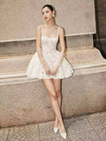 Pretty A line Square Neck White Lace Formal Homecoming Dresses Short 16th Birthday Outfits Graduation Dress Mini Cocktail Dresses HZ1121