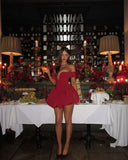 Pretty Ball Gown Off The Shoulder Red Satin Formal Homecoming Dresses Short 21st Birthday Outfits Graduation Dress Mini Cocktail Dresses HZ1121