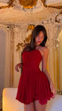 Pretty A line Halter Chiffon Red Formal Homecoming Dresses 21st Birthday Outfits Graduation Dress Short Mini Cocktail Dresses HZ1121