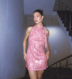 Cute A Line Halter Pink Sequin Formal Homecoming Dresses 18th Birthday Outfits Graduation Dress Short Mini Hoco Dresses HZ1121