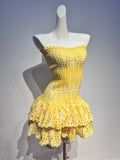 Modest Sheath Strapless Tight Yellow Lace Formal Homecoming Dresses 18th Birthday Outfits Graduation Dress Short Mini Hoco Dresses HZ1121