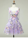 Cute A Line Spaghetti Straps Lilac Tulle Lace Formal Homecoming Dresses 18th Birthday Outfits Graduation Dress Short Mini Hoco Dresses HZ1121