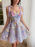 Cute A Line Spaghetti Straps Lilac Tulle Lace Formal Homecoming Dresses 18th Birthday Outfits Graduation Dress Short Mini Hoco Dresses HZ1121