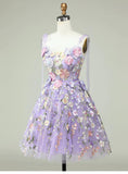 Cute A Line Spaghetti Straps Lilac Tulle Lace Formal Homecoming Dresses 18th Birthday Outfits Graduation Dress Short Mini Hoco Dresses HZ1121