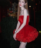 Sexy Ball Gown Strapless Red Satin Formal Homecoming Dresses 18th Birthday Outfits Graduation Dress Short Mini Hoco Dresses HZ1121