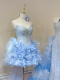 Cute Ball Gown Sweetheart Light Sky Blue Tulle Short Mini Formal 8th Grade Homecoming Dresses Middle School Cocktail Dress Hoco Outfits HZ1121