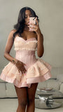 Princess Ball Gown Sweetheart Pink Satin Lace Short Formal 8th Grade Homecoming Dresses Middle School Cocktail Dress Hoco Outfits HZ1121