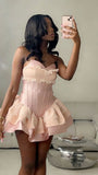 Modest Ball Gown Sweetheart Pink Satin Lace Short Formal 8th Grade Homecoming Dresses Middle School Cocktail Dress Hoco Outfits HZ1121