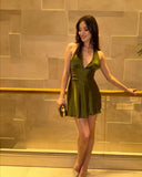 Unique A line Halter V Neck Olive Green Formal Homecoming Dresses 8th Grad Dance Graduation Dress Short Hoco Dresses HZ1121