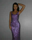 Elegant Mermaid V Neck Grape Sequin Long Prom Dresses Party Dress Summer 20th Birthday Outfits 18th Birthday Dresses HZ1121