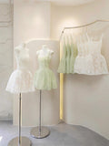 Cute Ball Gown Square Sage Green Lace Short Mini Formal 8th Grade Homecoming Dresses Middle School Cocktail Dress Hoco Outfits HZ1121