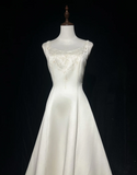 Vintage Bridal Dress Ball Gown Square Ivory Satin Long Wedding Dress Retro Wedding Dresses Modest Wedding Gowns HZ1121