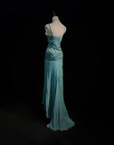 Vintage A Line Spaghetti Straps Blue Sleeveless Chiffon Long Prom Dresses Party Dress 18th Birthday Outfits Graduation Dresses HZ1121