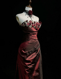 Retro A Line Strapless Burgundy Sleeveless Taffeta Long Flowers Prom Dresses Party Dress 18th Birthday Outfits Graduation Dresses HZ1121