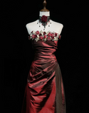 Retro A Line Strapless Burgundy Sleeveless Taffeta Long Flowers Prom Dresses Party Dress 18th Birthday Outfits Graduation Dresses HZ1121