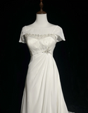 Vintage Bridal Dress A Line Scoop Short Sleeves White Silver Beads Long Wedding Dress Retro Wedding Dresses Modest Wedding Gowns HZ1121