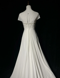 Vintage Bridal Dress A Line Scoop Short Sleeves White Silver Beads Long Wedding Dress Retro Wedding Dresses Modest Wedding Gowns HZ1121