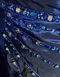 Retro A Line V Neck Navy Blue Short Sleeves With Silver Beads Long Flowers Prom Dresses Party Dress 21st Birthday Outfits Graduation Dresses HZ1121