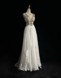 Retro A Line V Neck White Chiffon With Silver Gold Beads Long Flowers Prom Dresses Party Dress 21st Birthday Outfits Prom Gowns HZ1121