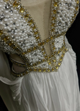 Retro A Line V Neck White Chiffon With Silver Gold Beads Long Flowers Prom Dresses Party Dress 21st Birthday Outfits Prom Gowns HZ1121
