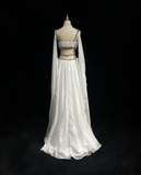 Retro A Line V Neck White Chiffon With Silver Gold Beads Long Flowers Prom Dresses Party Dress 21st Birthday Outfits Prom Gowns HZ1121