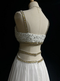 Retro A Line V Neck White Chiffon With Silver Gold Beads Long Flowers Prom Dresses Party Dress 21st Birthday Outfits Prom Gowns HZ1121