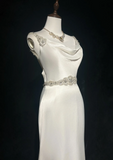 Vintage Bridal Dress A Line Spaghetti Straps Satin White Beads Long Wedding Dress Retro Wedding Dresses Modest Wedding Gowns HZ1121