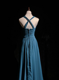 Retro A Line Halter Sleeveless Chiffon Pleated Long Prom Dresses Party Dress 21st Birthday Outfits Graduation Dresses HZ1121