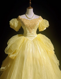 Pretty Ball Gown Square Neck Yellow Tulle Long Floral Quinceanera Dress Formal Gowns Sweet 17 Dresses Vestido De 15 Anos Sweet 16 Dress HZ1121
