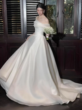 Elegant Off Shoulder A-Line Tulle Long Wedding Dress Simple Bridal Gowns HZ1121