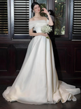 Elegant Off Shoulder A-Line Tulle Long Wedding Dress Simple Bridal Gowns HZ1121